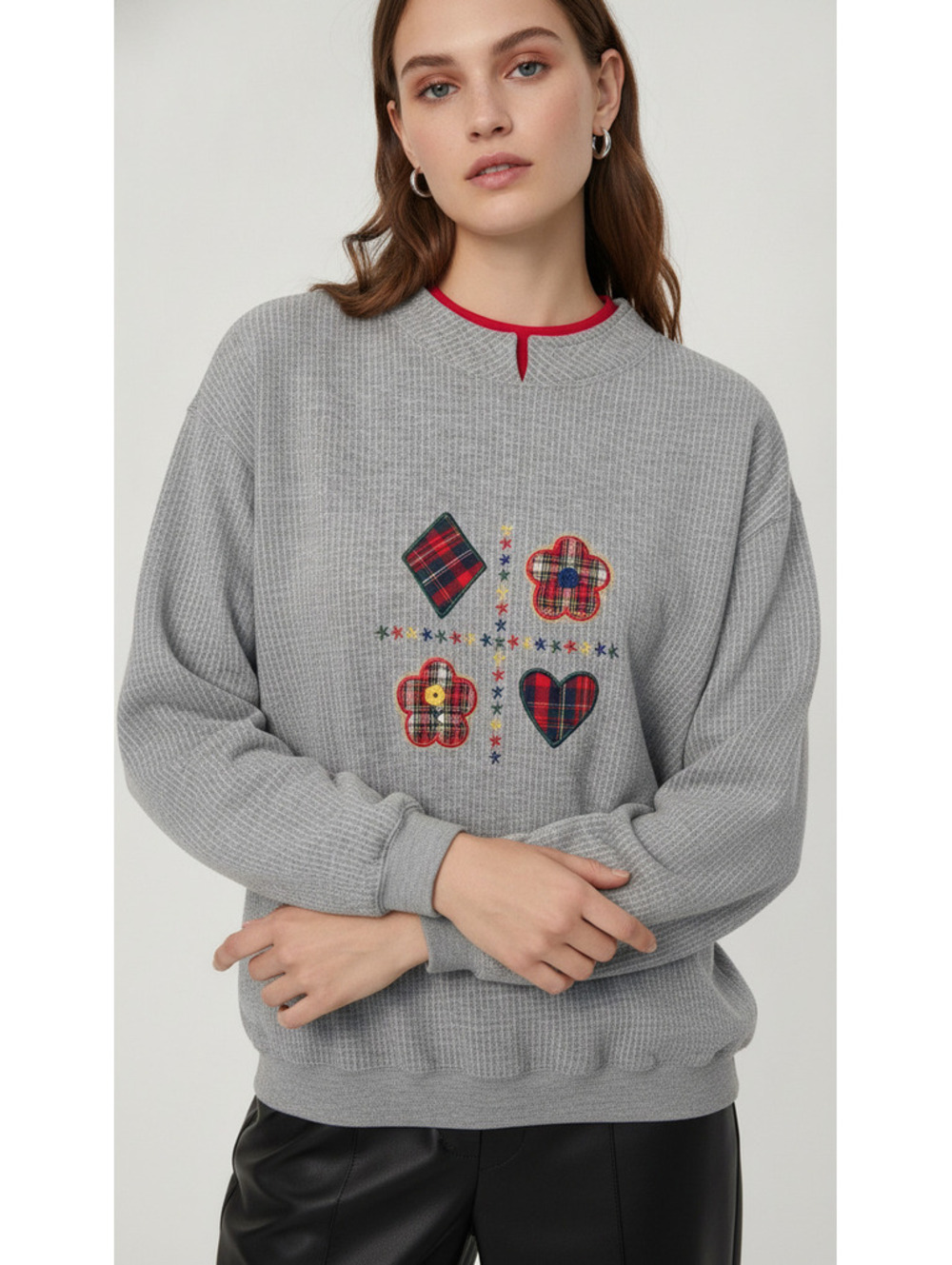 Vintage Baxter & Wells Sport Gray Waffle Knit Sweatshirt, Plaid Patches, Size L